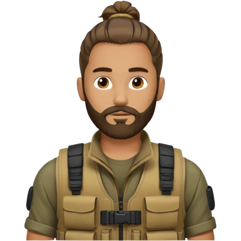 bearded man with man bun, tactical vest, no glasses emoji