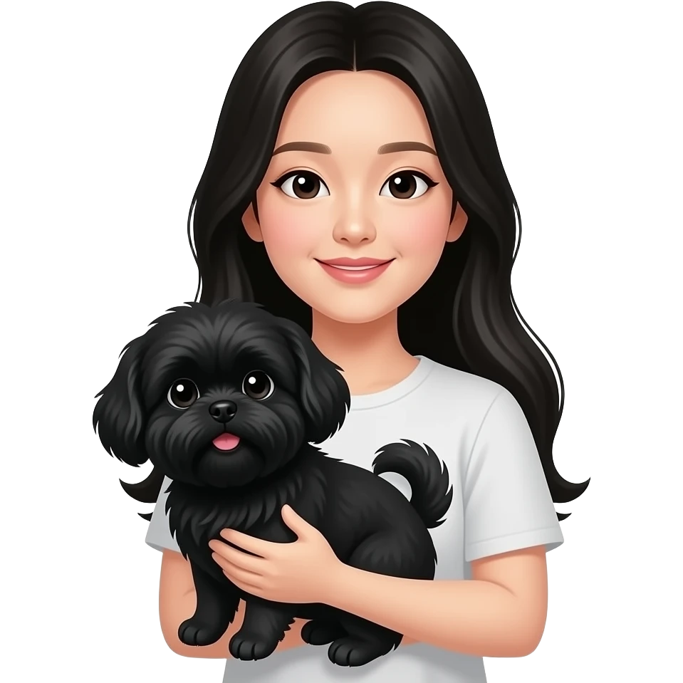 long black hair korean woman holding black shih tzu emoji
