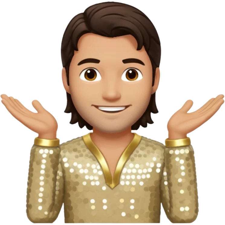 Chris Pontius from Jackass with long dark brown hair, cream sequin outfit emoji