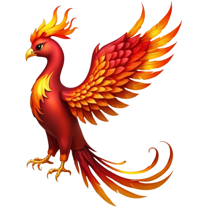 Cinematic Noble fierce & powerful Fire Phoenix Portrait Emoji, Poised and resplendent, with a radiant, fiery plumage in brilliant hues of scarlet, gold, and ember, featuring elongated, elegant tail feathers that flow like molten lava, and piercing, wise eyes reflecting the eternal cycle of rebirth; rendered with lifelike texture and luminous natural highlights, high shine, majestic and awe-inspiring, styled with an aura of mythic resurgence, focused and regal, soft glowing outline, capturing the essence of a legendary phoenix rising from the flames with timeless grace! emoji