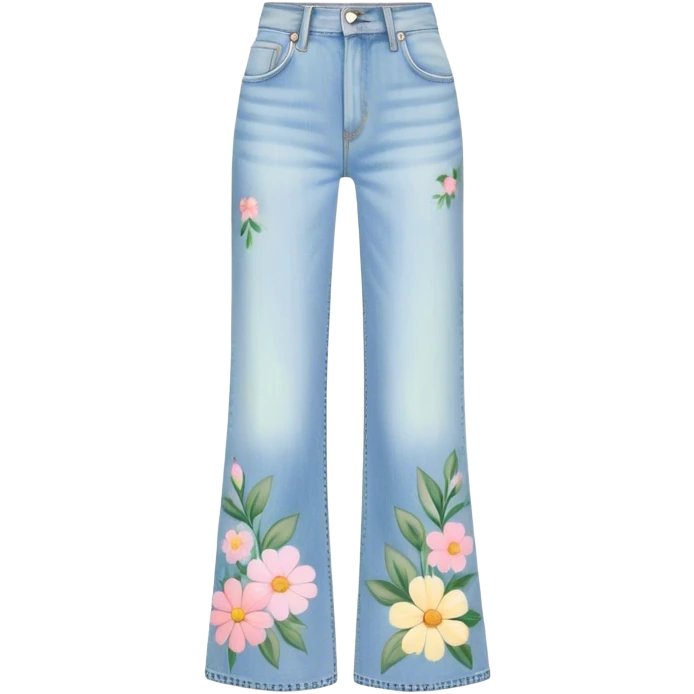 light wash denim wide leg jeans with pastel flowers painted on them emoji