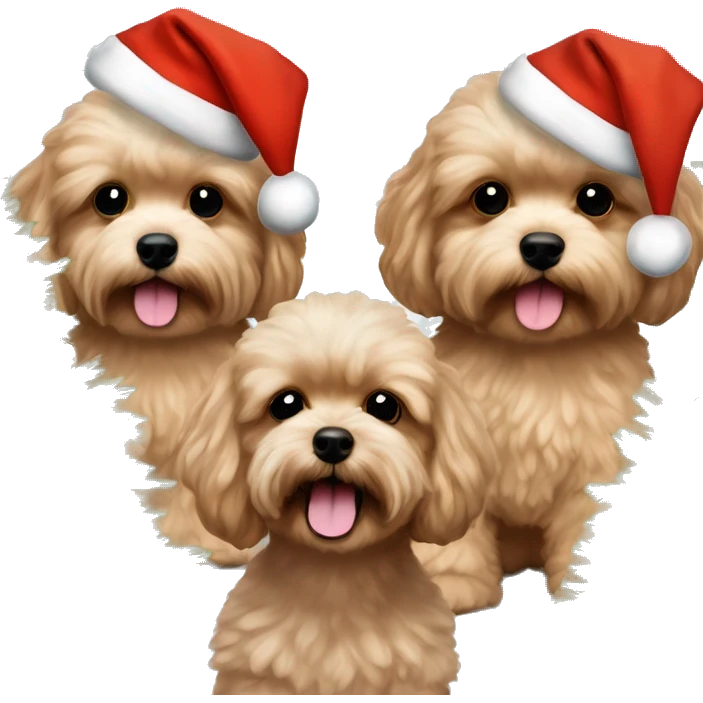 One Brown, beige colored Maltipoo with Christmas hat and Christmas tree Christmas lights and two humans, a brown haired boy and blond long haired girl in the background  emoji