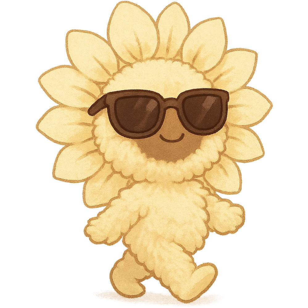chibi fluffy style creamy yellow sunflower wearing sunglasses, strutting confidently, full body emoji