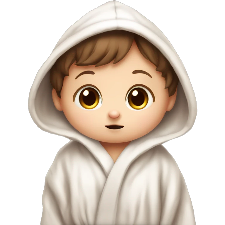 very sad portait of brown haired adorable baby rabbit in big bathrobe and big cute eyes emoji