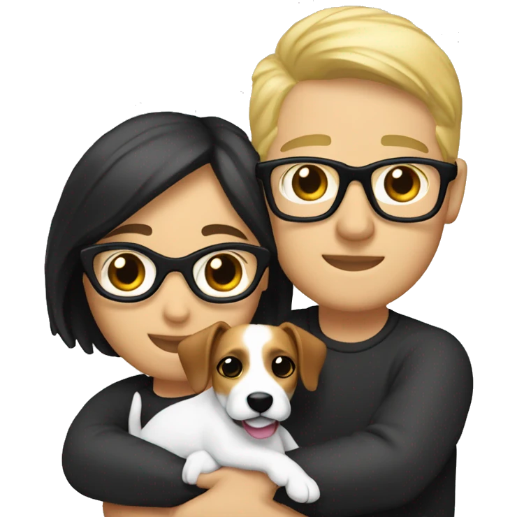 A couple cuddling a jack Russell, the men is white and have black hair and glasses and the woman is blonde but without glasses  emoji