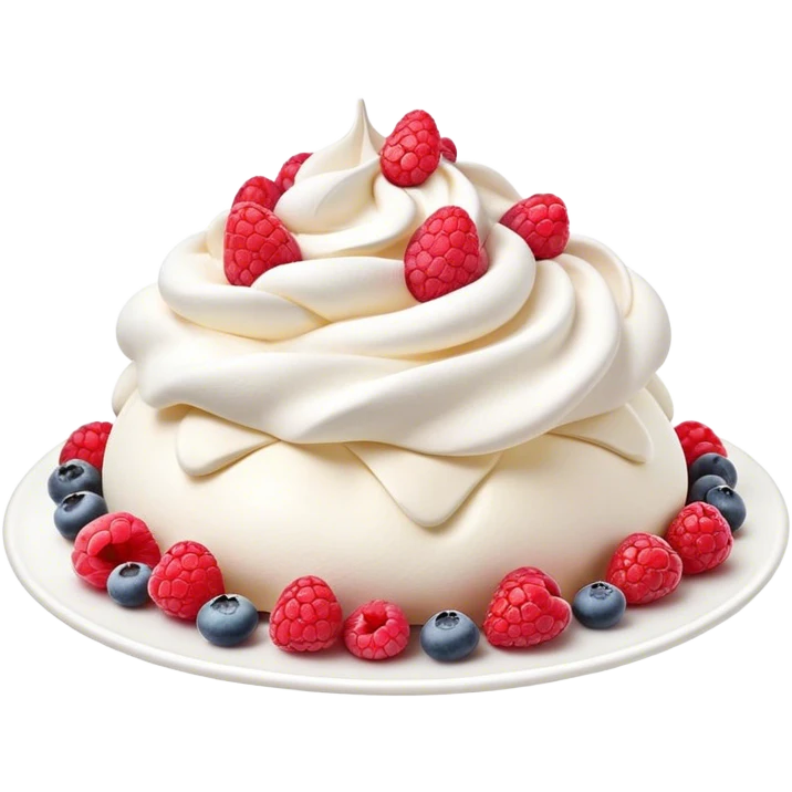 Cinematic Realistic Pavlova Dessert Emoji, showcasing a delicate meringue dessert topped with fresh fruit rendered with lifelike texture and soft natural lighting. emoji
