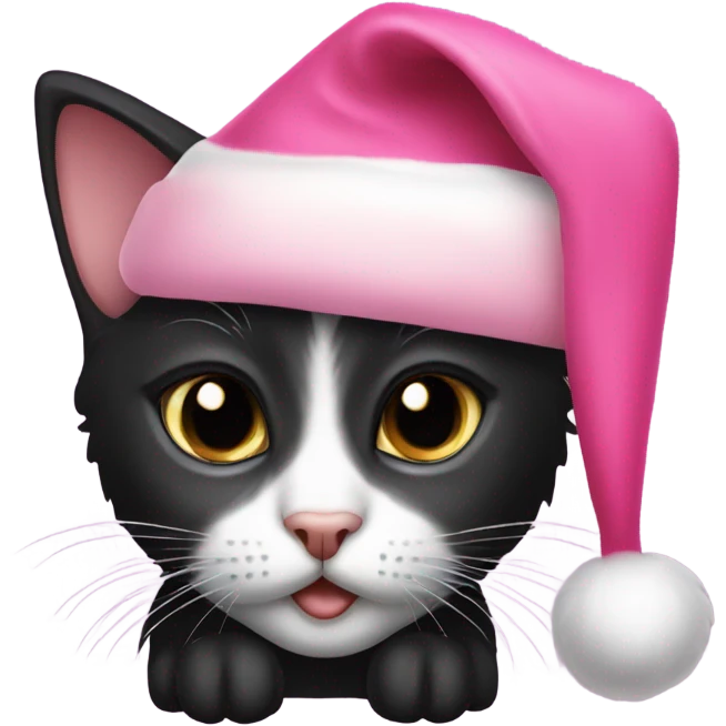 Black kitten with pink Santa hat emoji