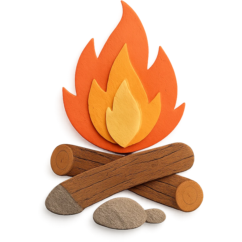 campfire with textured flames, wood, and rocks, realistic cut paper details, paper craft style emoji
