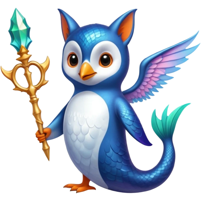 The arms of a penguin, the tail of a fox, the body of an owl, the chest of a mermaid, holding a magic wand, with one wing of a fairy and the other of a dr dragon emoji