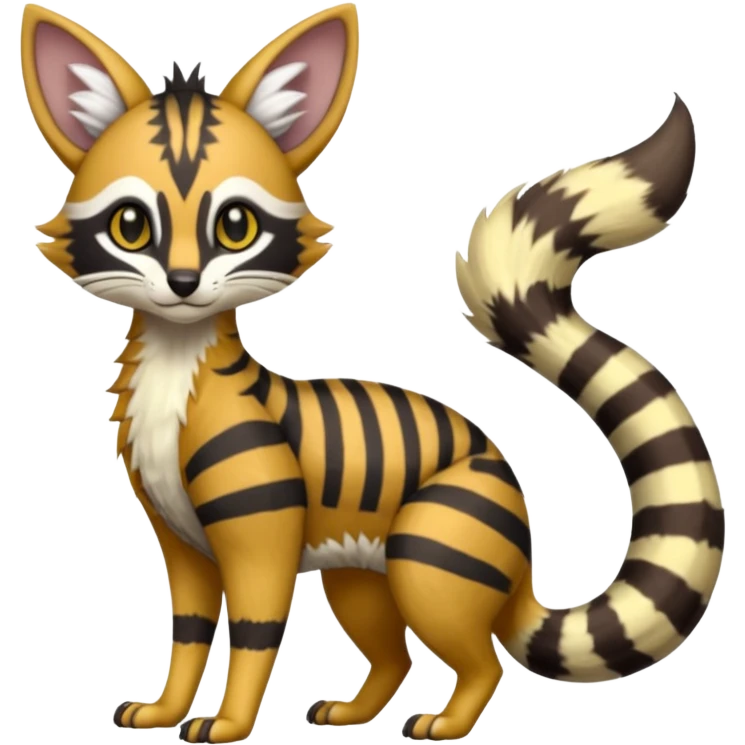 Civet-Genet-Possum-Serval-Caracal-Sergal-Trico-Numbat-Furret-fusion-Fakemon-hybrid-creature (full body) with long tufted ears and a striped tail emoji