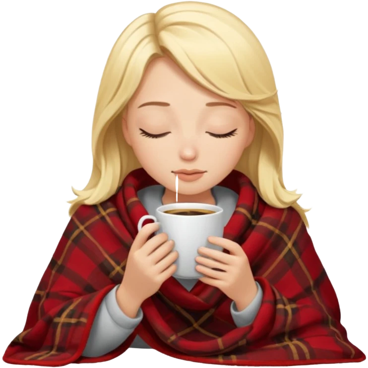 Blonde girl inside a blanket sipping coffee eyes closed emoji