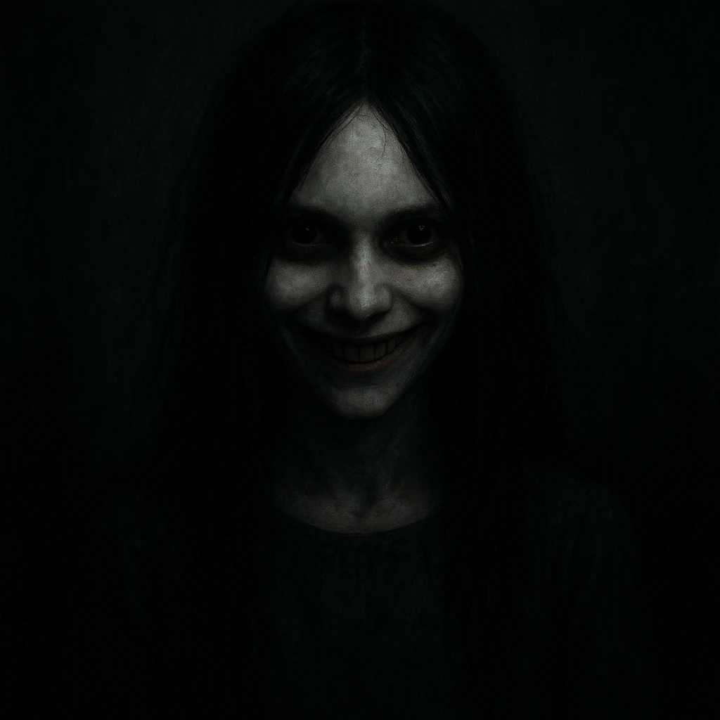 creepy girl, pale skin, long black hair, eerie smile, shadowy background emoji