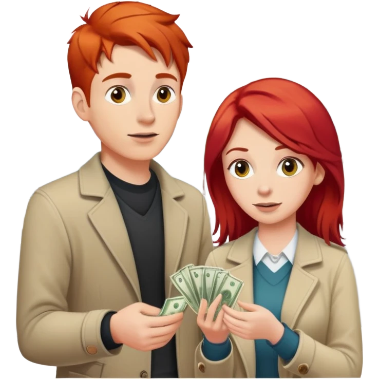 Young man with red hair finds money on the street and his wife is watching it emoji
