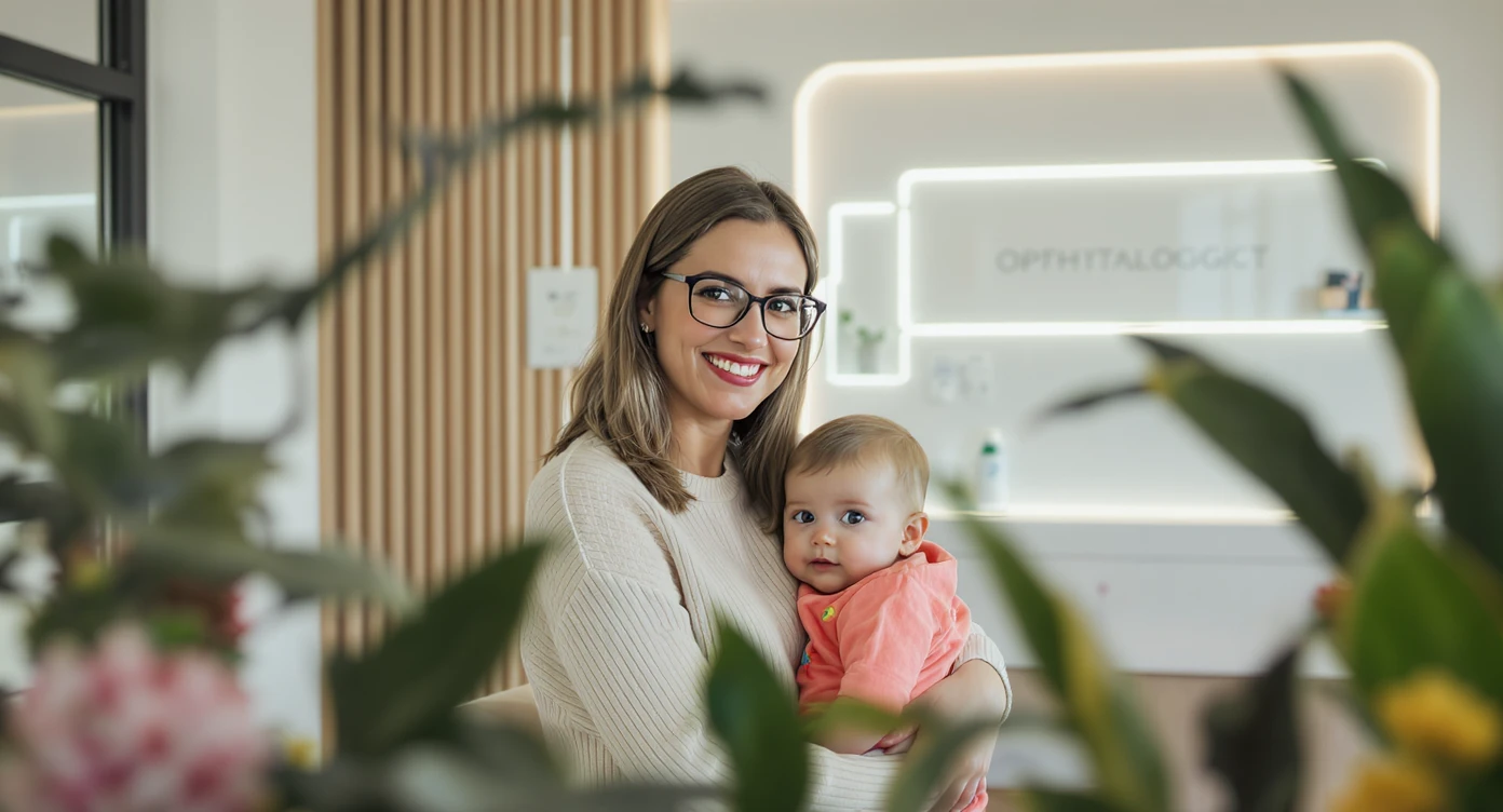 Cinematic still, blurred plants in the foreground (frame within a frame), Proffesional advertising of a smiling european white woman with glasses smiling holding baby, minimalistic ophthalmologist interior in background, leading  lines, "rule of thirds", 60/30/10 colors, soft light, warm colors emoji