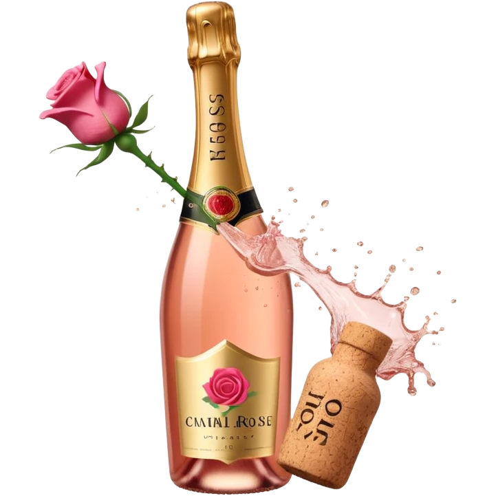 bottle of sparkling rosé champagne with a rose logo on the label, with the cork exploding out from the top, tilted up and to the left, no glass emoji