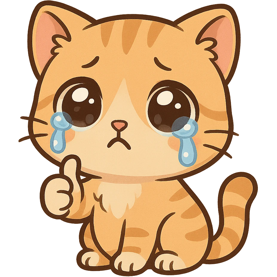 A kitten with tearful eyes, giving a thumbs up emoji