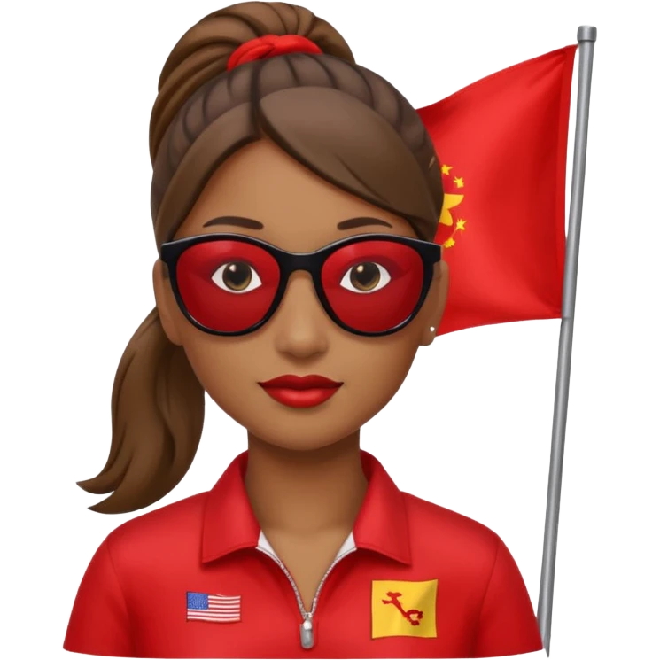 Una mujer morena con una coleta y gafas de sol y una bandera roja en la mano emoji