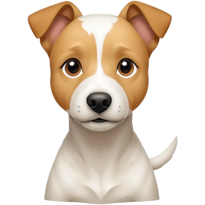 a full body facing front on of a buff white parson russell terrier looking dog the size of a kelpie with light brown long ears resting on its face and a light brown patch on one eye and a large snout. the rest of the dog is completely white.  emoji