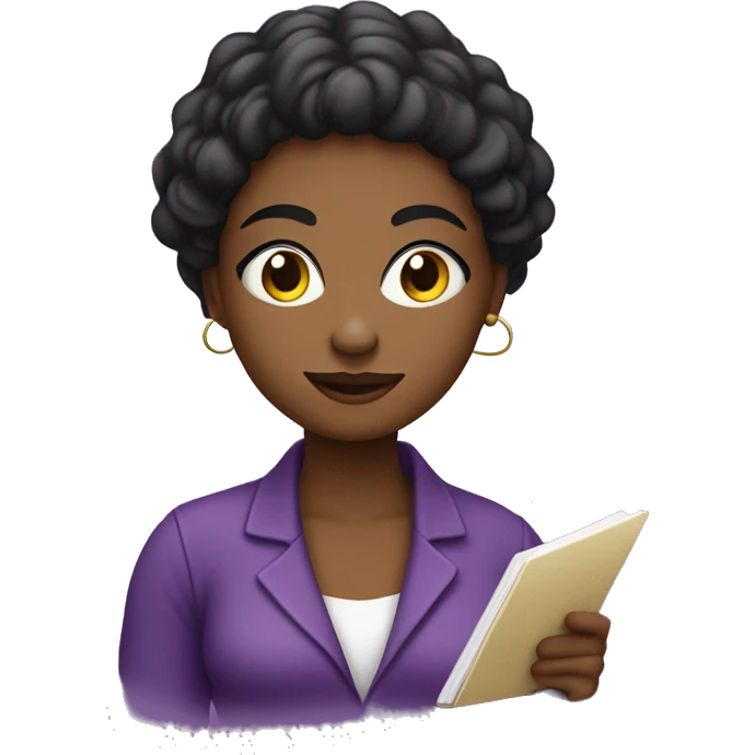 uma mulher de cor negra, sentada, mexendo no notebook, fundo roxo emoji
