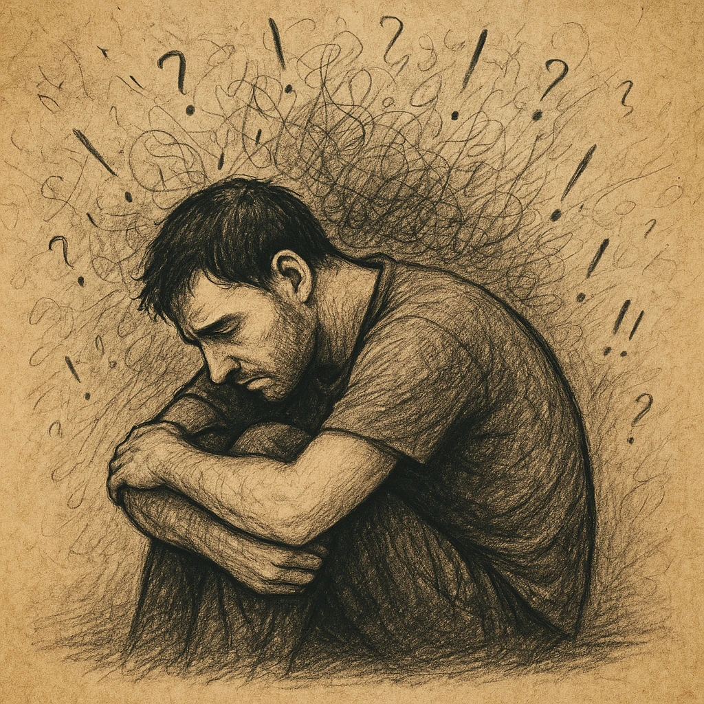 Realistic or illustrative style image of a 30-year-old man suffering from anxiety, inspired by the reference image. The man is in a curled posture with a downcast gaze. The background contains lines and symbols of mental confusion, conveying an atmosphere of discomfort. emoji