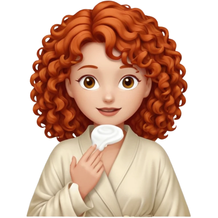 Cartoon emoji of a girl with voluminous curly red hair, fair skin, warm brown eyes. Wearing a chic milky silk robe with long sleeves, no makeup. Portrait mode, giving herself a face massage, joyful and relaxed. Smooth, simple, stylized. emoji