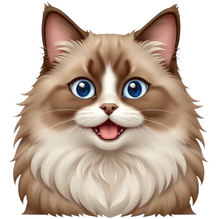 cinematic-adorable-big-eyed-fluffy-brown ragdoll-cat-portrait-emoji,-head-tilted-playfully-with-a-cute,-yawn,-soft-brown-and white-colored-fur-with-darker-points-on-the-ears,-simplified-yet-irresistibly-cute-features, sparkling blue eyes emoji