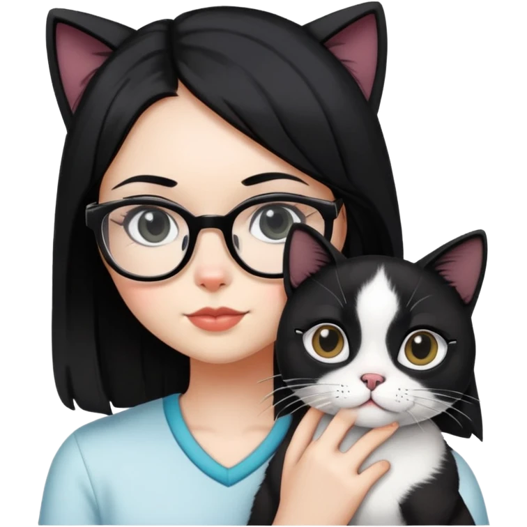Girl with black hair wearing glasses holding a black and white cat emoji