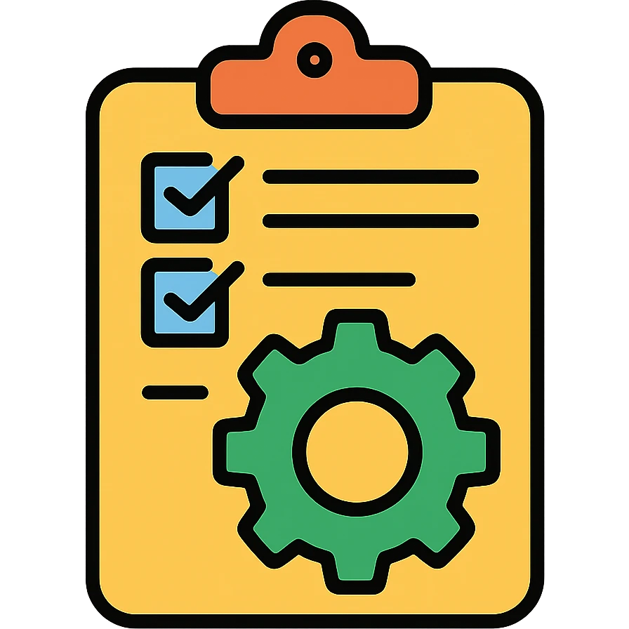 Work order clipboard with gear symbol and checklist emoji