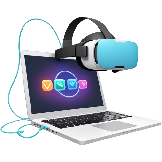 VR headset connected by a wire to a laptop. On the laptop screen, a VR/AR modeling program is open. Floating 3D models or virtual objects. Modern, tech-inspired colors. No emojis or smiley faces. Transparent background. emoji