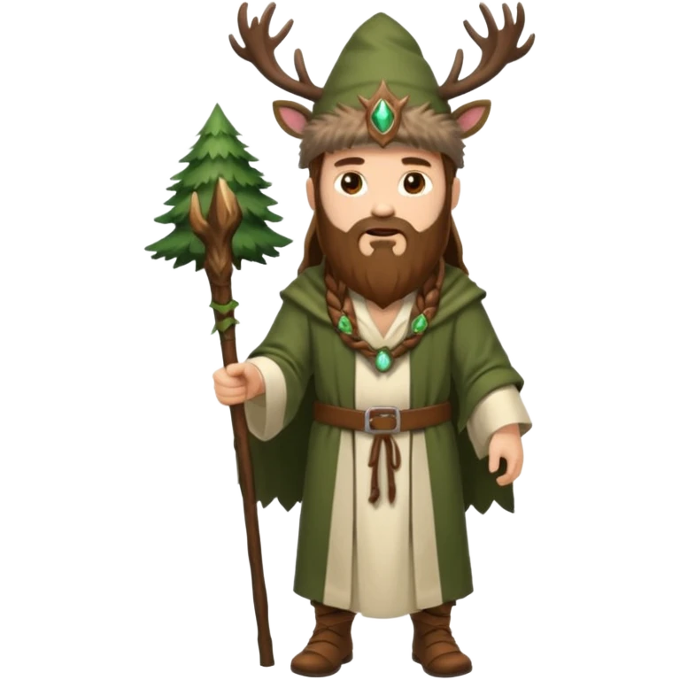 full body man long brown hair brown eyes medium beard white skin wearing stag hat and forest druid robes open chest emoji