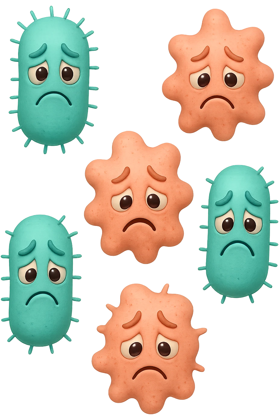 EMOJI STILE IPHONE DI 3 BATTERI INTESTINALI turchesi tristi e 3 batteri intestinali rosa salmone tristi CHE FLUTTUANO IN ARIA IPERREALISTICO 4K emoji