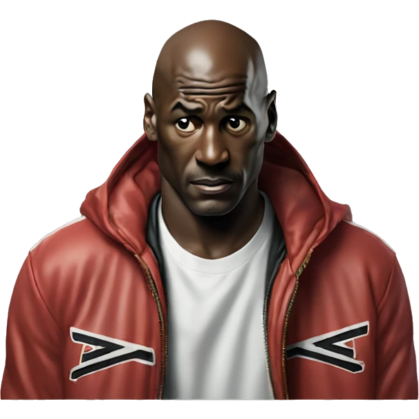 Michael Jordan in a jacket holds his head and is sad photorealistic serious emoji