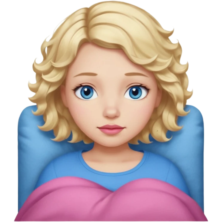 Girl Blonde short wavy hair,  blue eyes, cute blue top, long lashes, pink lips, sleeping emoji