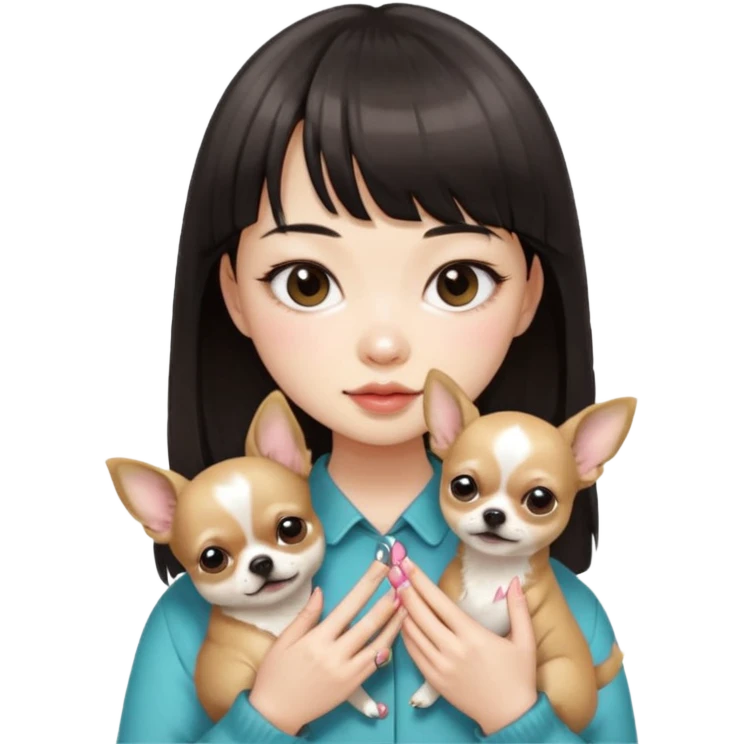 a pretty Asian girl, with hair bangs, pale skin, with manicure holding a chihuahua in her, with the face of "i dont give a fuck" emoji