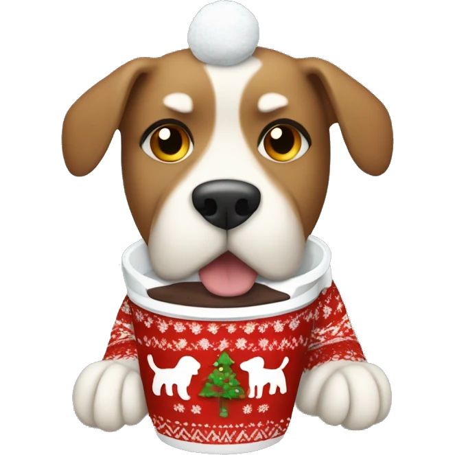 dog with christmas sweater and a hot cocoa emoji