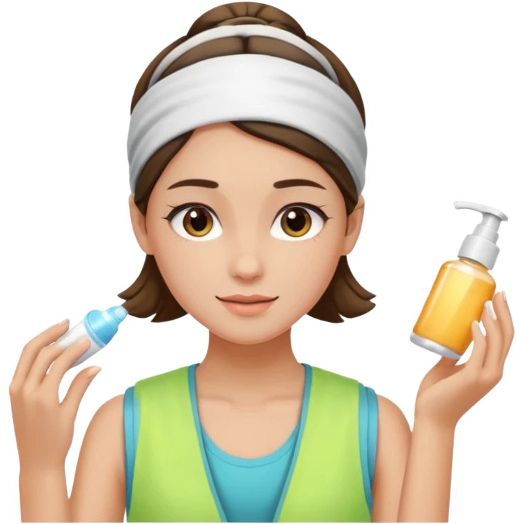 Clean girl aesthetic emoticons, apply skincare products, headband, glowing skin, vest, soft lighting
 emoji