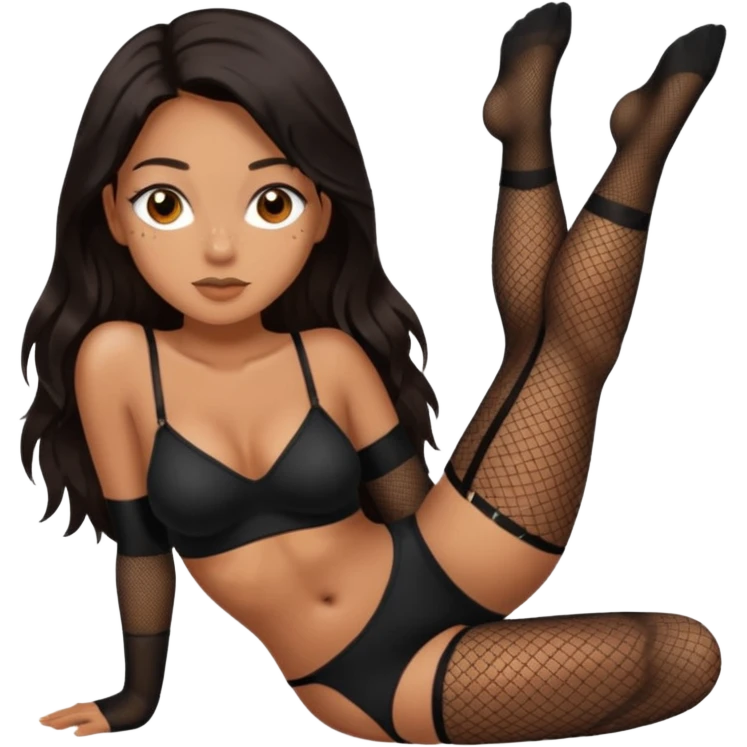 Tan skin with freckles, long dark hair, hazel eyes Dominatrix with black fishnet stockings  emoji