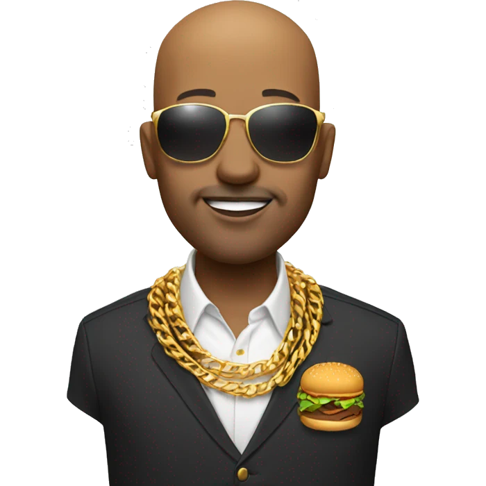 A bald man wearing sunglasses , gold chain around the neck and eating a hamburger emoji