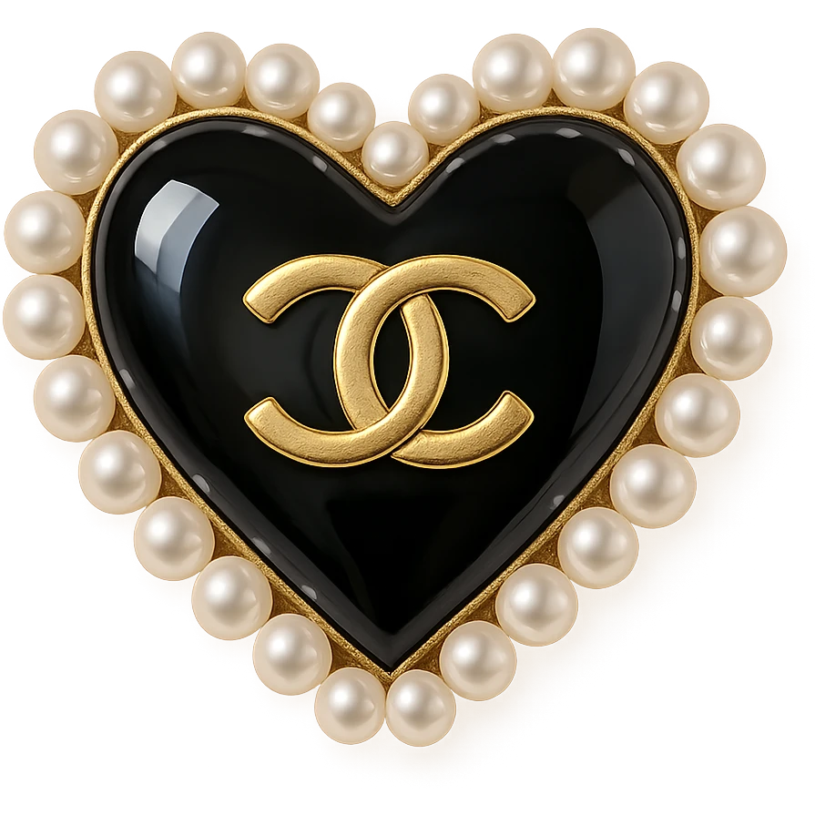  only the elegant heart with pearls and gold Chanel logo, glossy, pastel colors, realistic style, with no background. black pink,  emoji