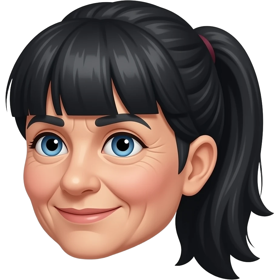 Blue eyes thick bangs ponytail black hair old woman emoji