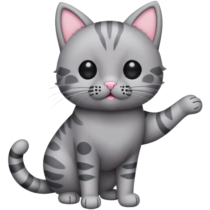Gray cat stuffed animal standing on two legs with black small ovals for eyes and pink circles for blush and a tiny oval and a w for a mouth and nose that connect with black lines for whiskers and the right arm is a dark gray color emoji