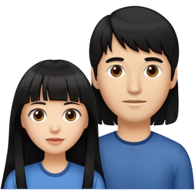 Pareja de mujer con pelo largo negro y flequillo y hombre con pelo corto castaño emoji