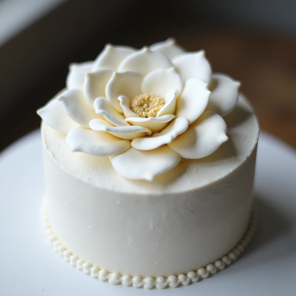 photorealistic white Chanel camellia flower cake, delicate and elegant, no background emoji