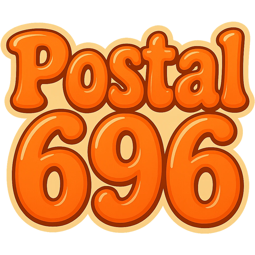 Change the text to 'Postal 696' in the same extra puffy, shiny orange and red bubble letter style, whimsical and lighthearted. Keep the background transparent. emoji