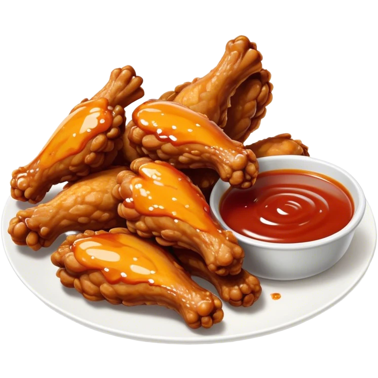 Cinematic crispy chicken wings, golden-brown and glazed with spicy sauce, crunchy coating, juicy inside, piled high with dipping sauce on the side, ultra-realistic and mouthwatering, inviting and bold. emoji