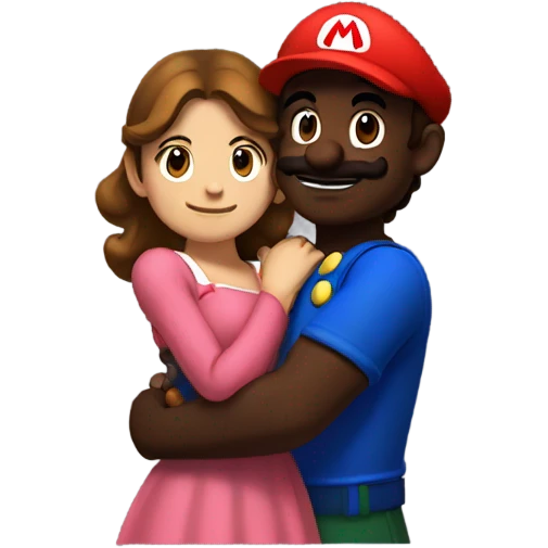 Dark skinned Mario hugging a brown haired girl emoji