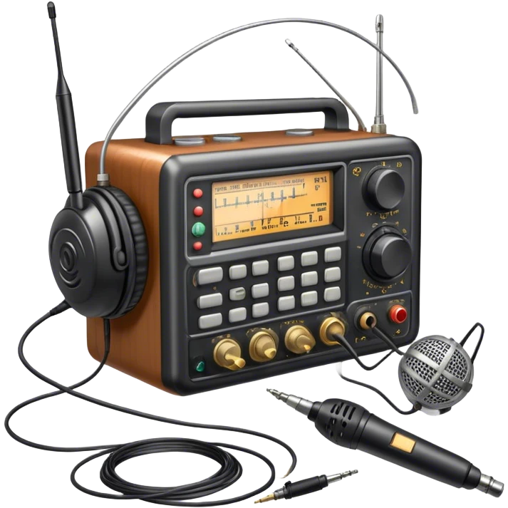 A photorealistic icon featuring a ham radio transceiver, headphones, microphone, antenna, and radio equipment like soldering tools and cables. The design includes detailed textures and realistic lighting, symbolizing the passion for amateur radio and communication. Transparent background. emoji