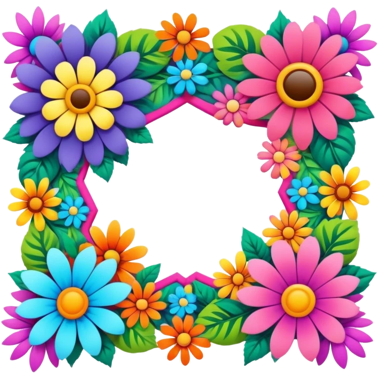 3D, psychedelic colored hippie style corner flower border emoji