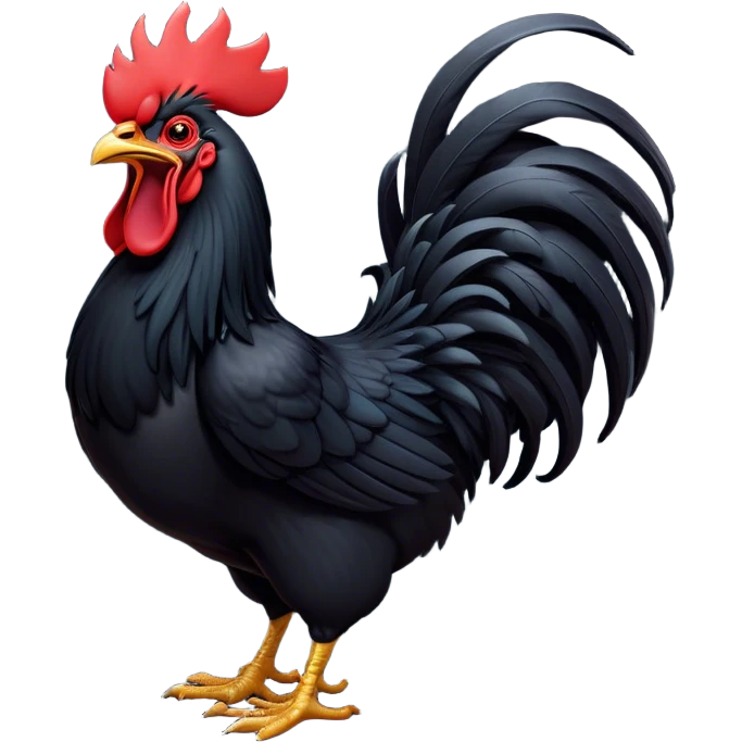 Cinematic Cute Yawning Black Rooster Portrait Emoji, Head tilted slightly with a dramatic, wide-open yawn, showcasing a soft, downy black plumage with a crisp red comb and drooping wings, round eyes barely open in drowsy contentment, Simplified yet irresistibly adorable features, highly detailed, glowing with a soft, cozy glow, high shine, relaxed yet expressive, stylized with a touch of whimsy, bright and endearing, soft glowing outline, capturing the essence of a sleepy yet affectionate rooster, so drowsy it feels like it could stretch out of the screen and curl up for a nap! emoji
