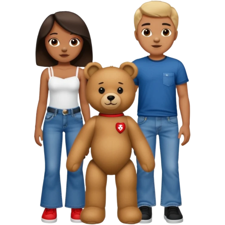 A boy and a girl teddy bear for the boy bear put on true religion shirt and jeans with black shoes and for the girl put flare jeans and a red tube top and white shoes just bears not the humans  emoji